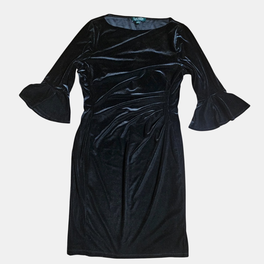 Lauren Ralph Lauren Velour Velvet‎ Sheath Dress 8 Bell Sleeve Ruched Old Money